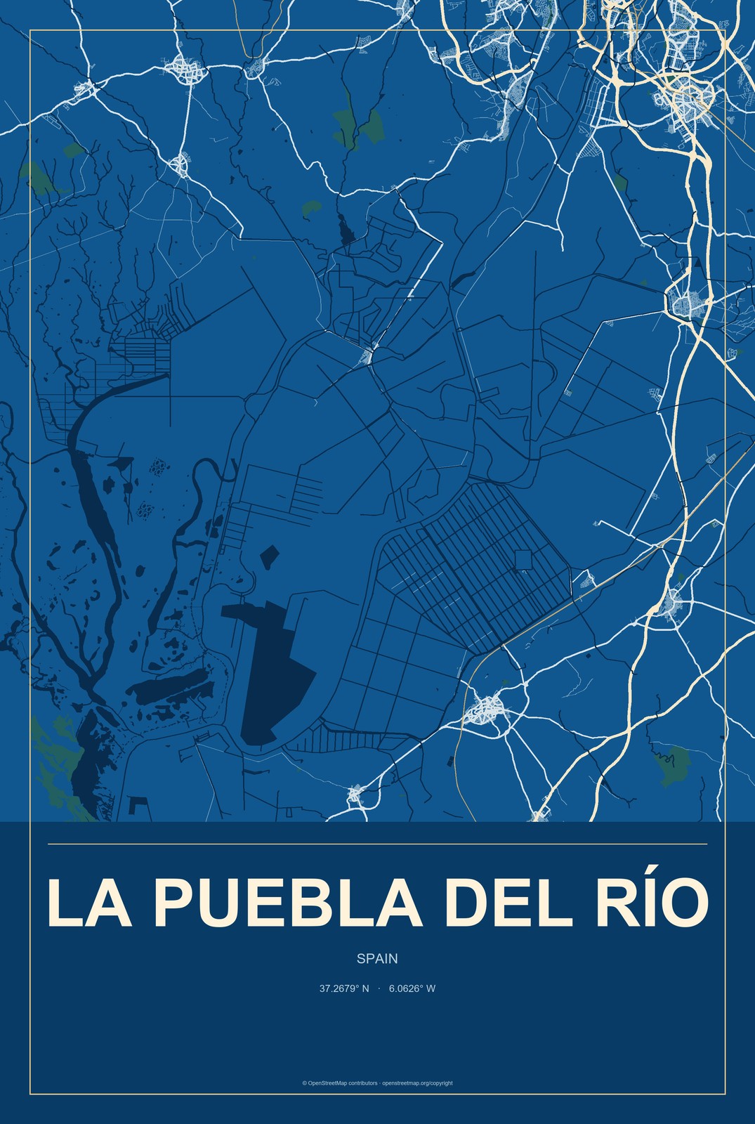 La Puebla del Río, Spain City Map Aluminum Sign in Harbor Cobalt style