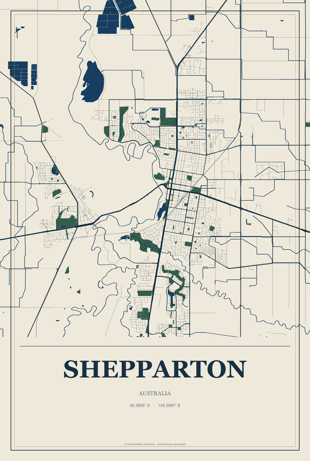 Shepparton, Australia City Map Aluminum Sign in Coastal Cutout style