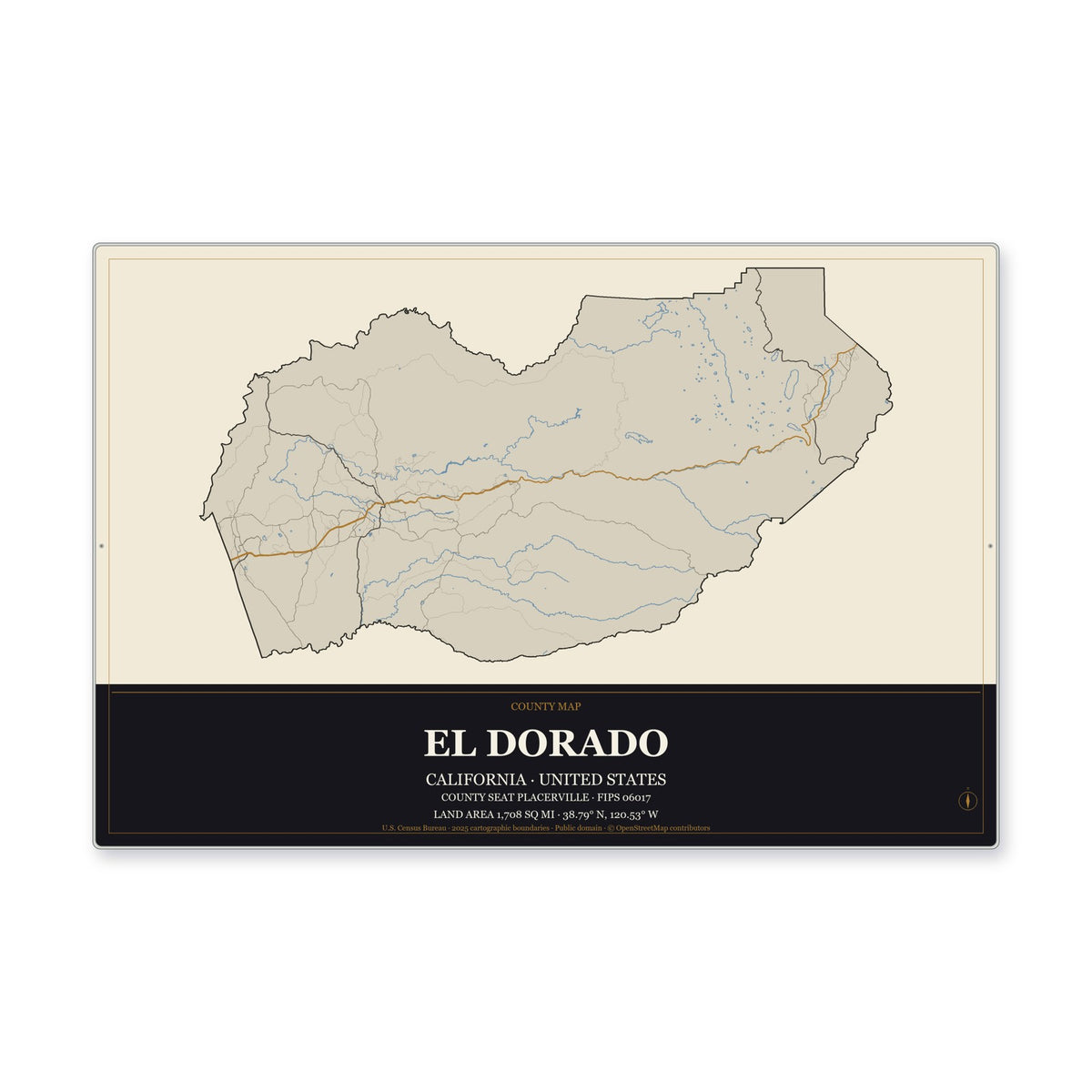 El Dorado County, California Map Aluminum Sign in Museum Plaque style