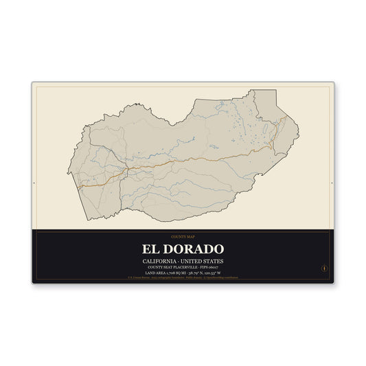 El Dorado County, California Map Aluminum Sign in Museum Plaque style
