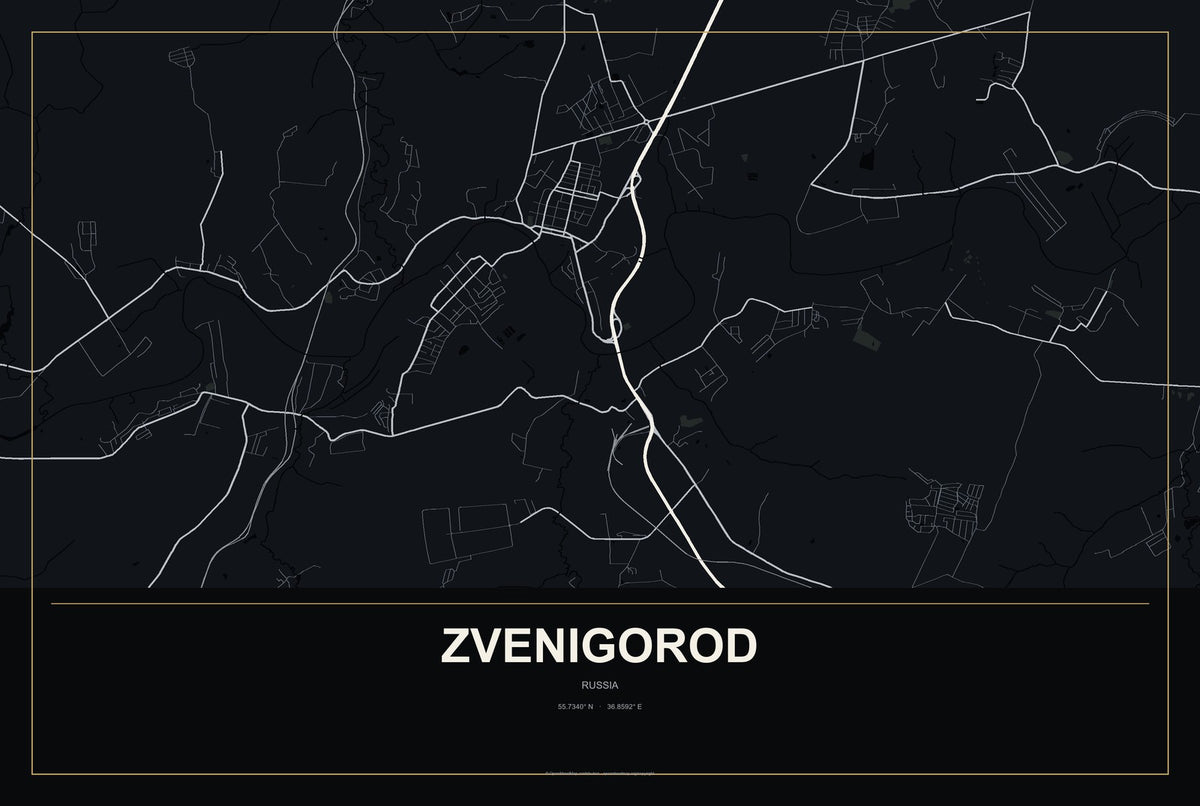 Zvenigorod, Russia City Map Aluminum Sign in Metropolitan Noir style