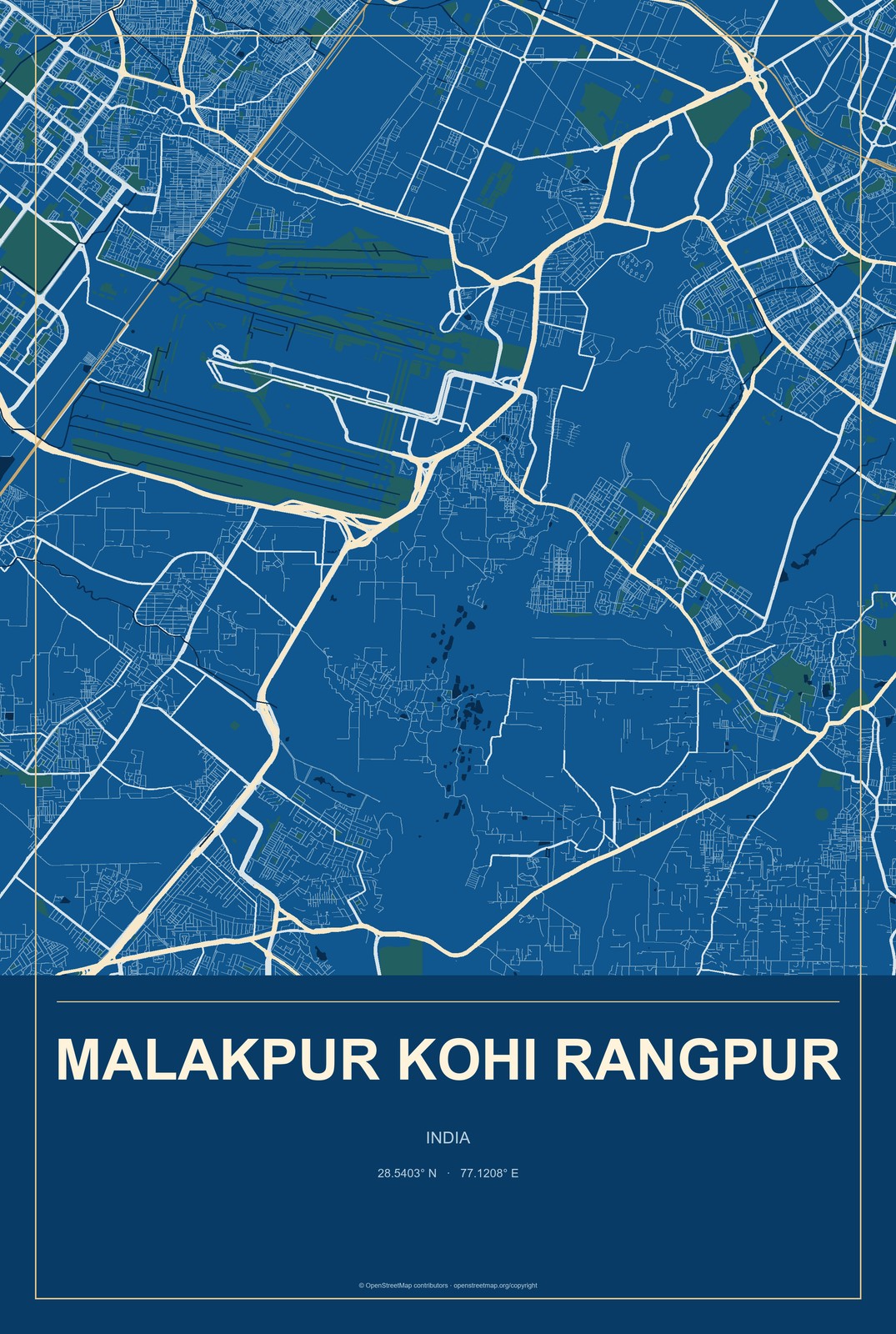 Malakpur Kohi Rangpur, India City Map Aluminum Sign in Harbor Cobalt style