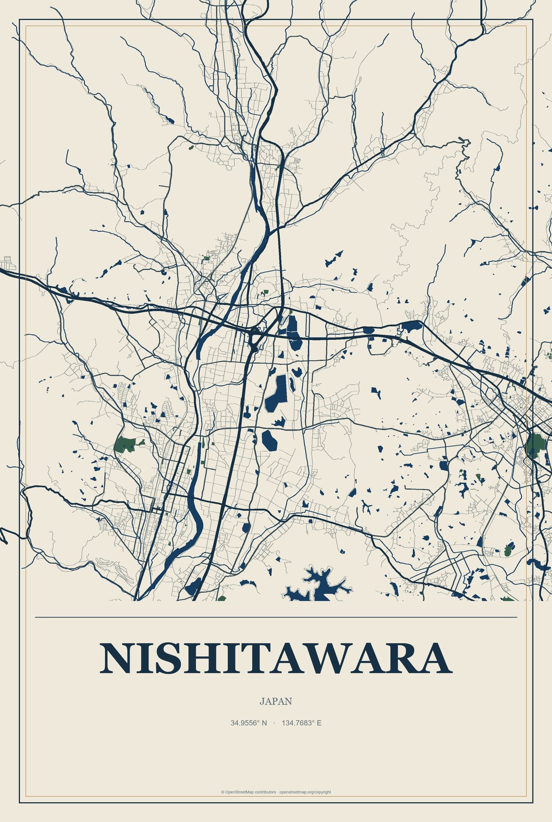 Nishitawara, Japan City Map Aluminum Sign in Coastal Cutout style