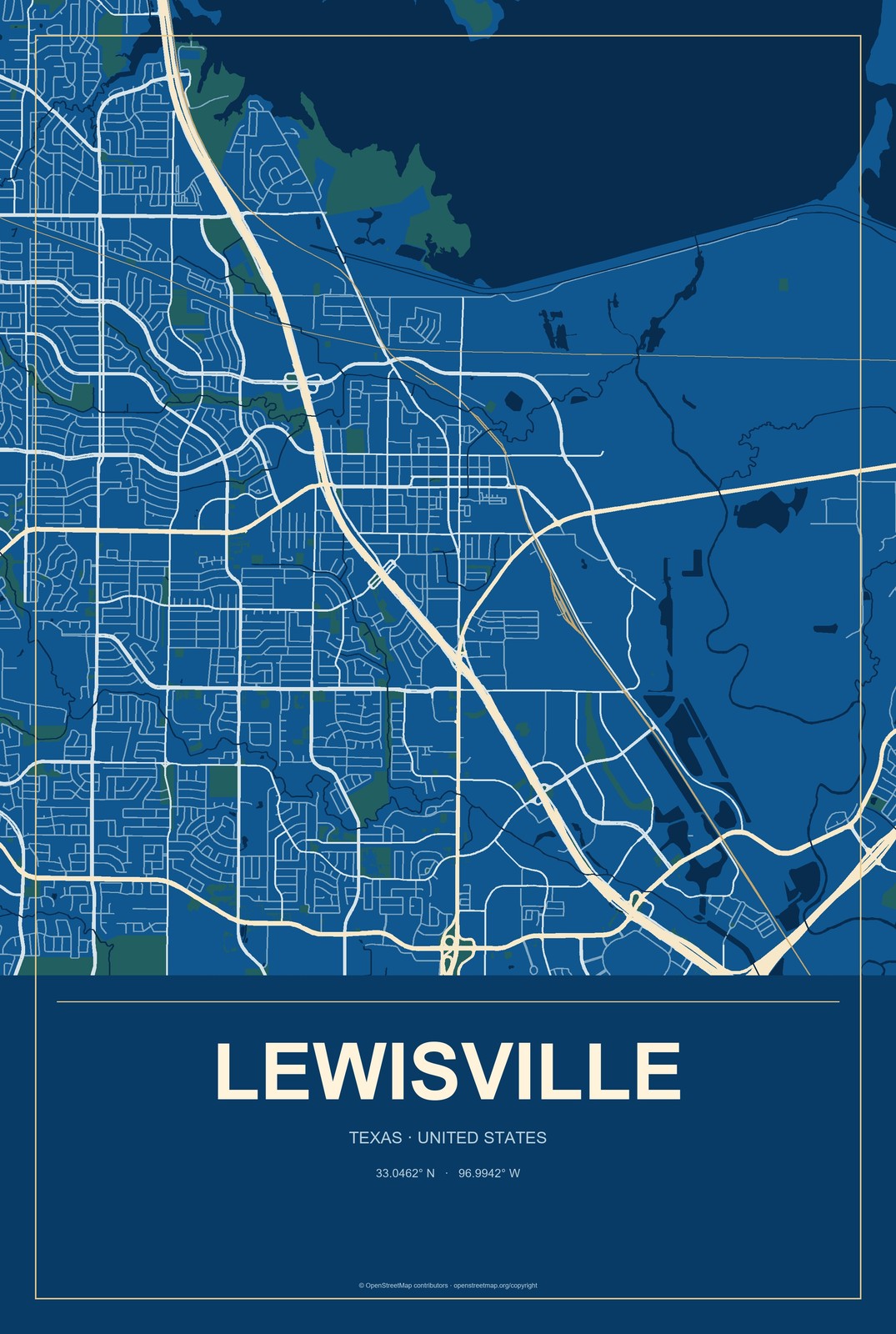 Lewisville, Texas City Map Aluminum Sign in Harbor Cobalt style