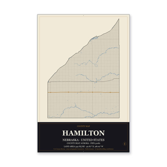 Hamilton County, Nebraska Map Aluminum Sign in Museum Plaque style