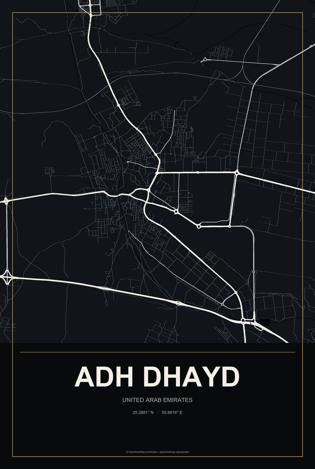 Adh Dhayd, United Arab Emirates City Map Aluminum Sign in Metropolitan Noir style