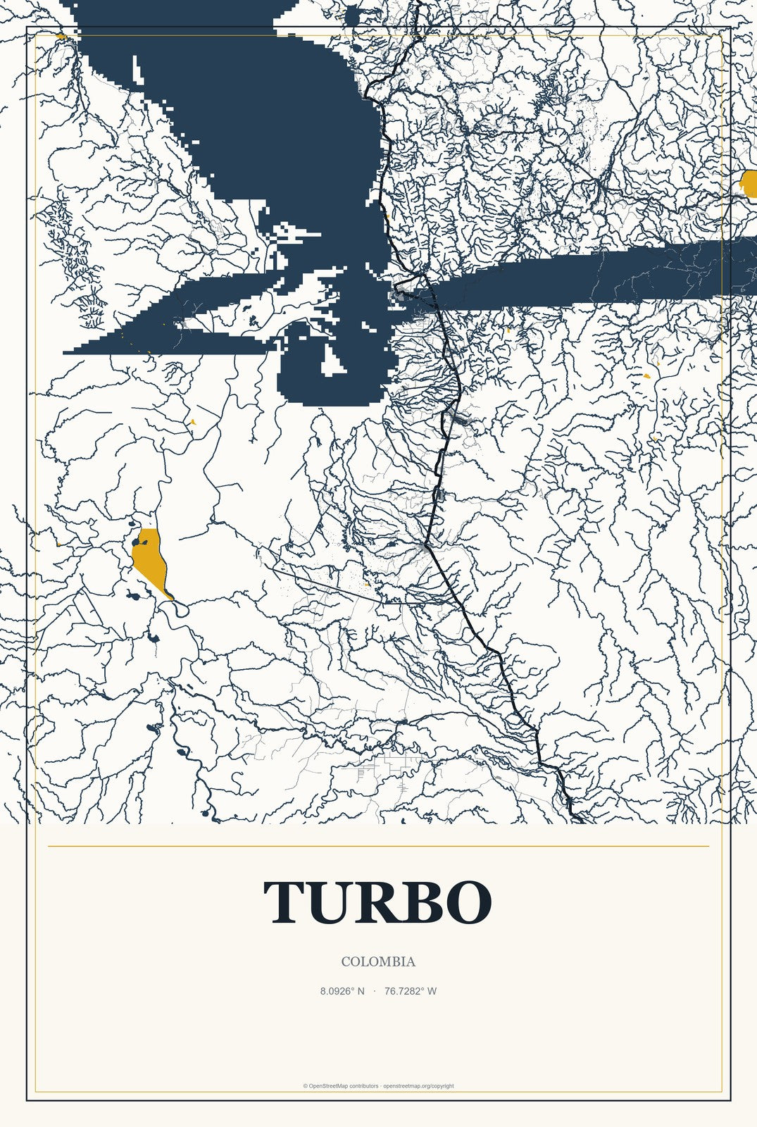 Turbo, Colombia City Map Aluminum Sign in Citrine Modern style