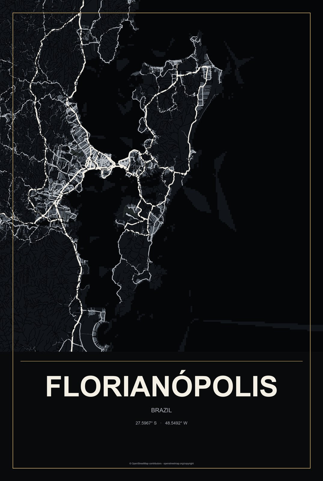 Florianópolis, Brazil City Map Aluminum Sign in Metropolitan Noir style