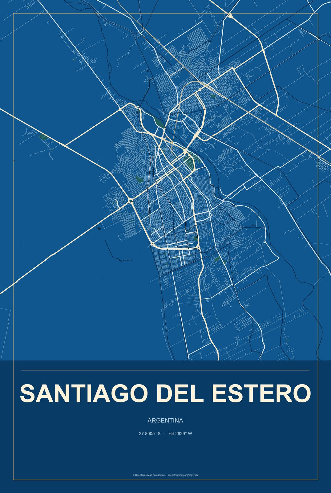 Santiago del Estero, Argentina City Map Aluminum Sign in Harbor Cobalt style