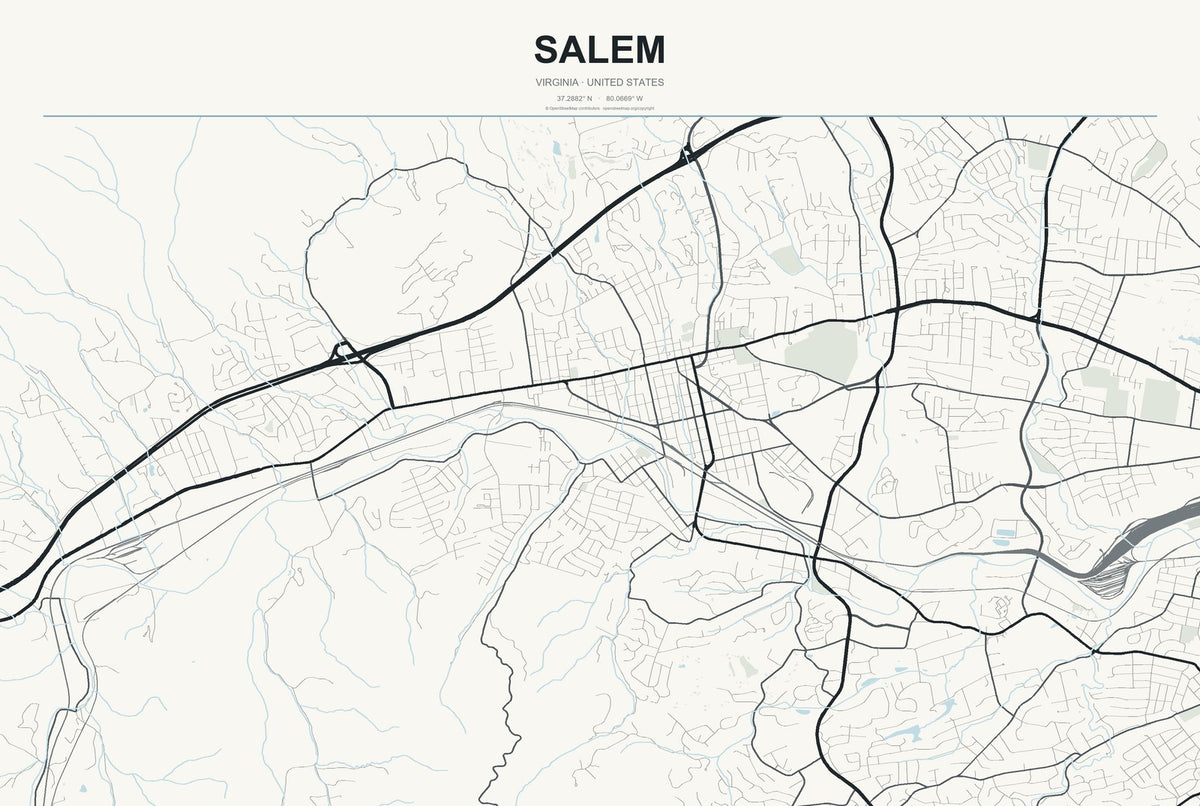 Salem, Virginia City Map Aluminum Sign in Headline Atlas style