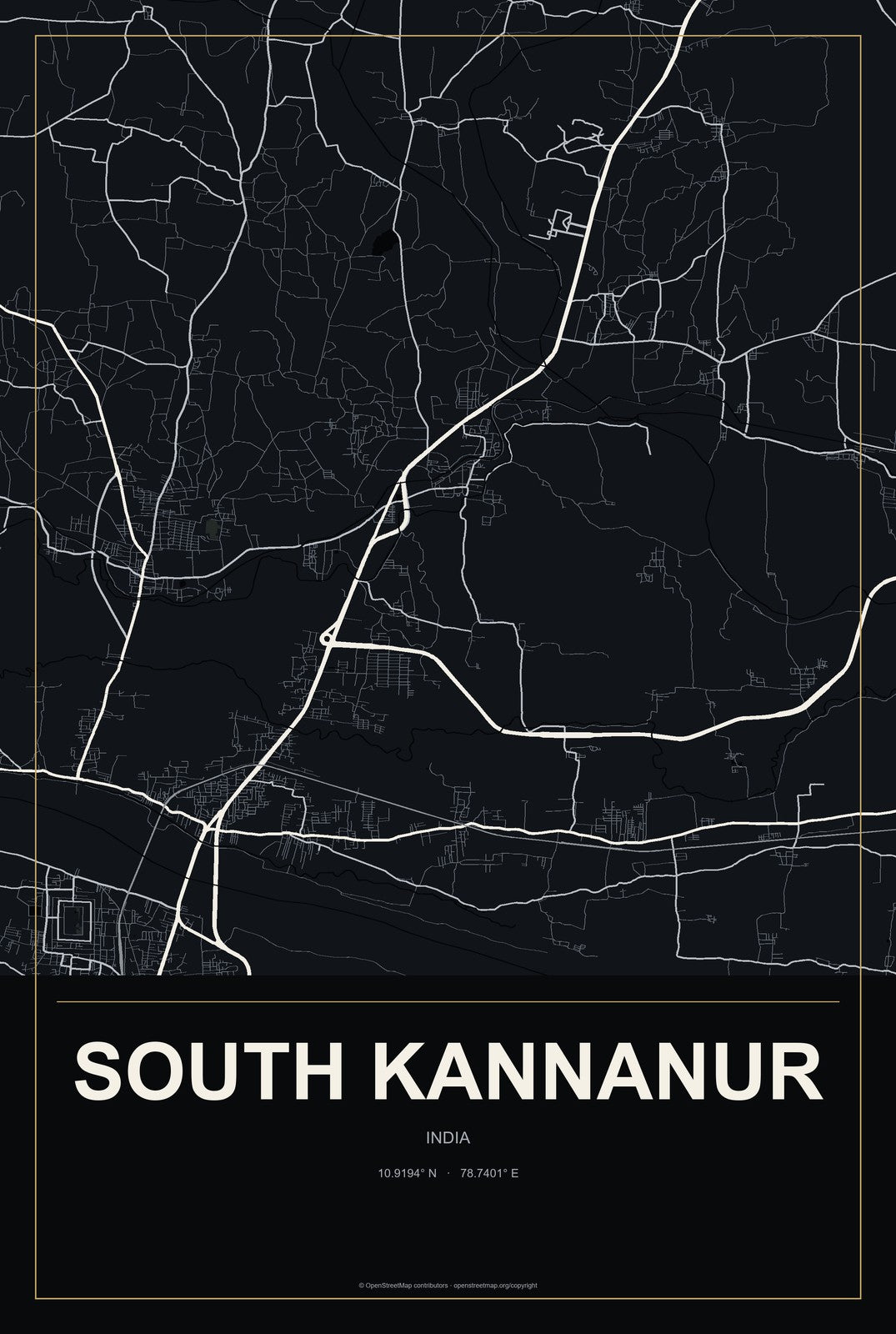 South Kannanur, India City Map Aluminum Sign in Metropolitan Noir style