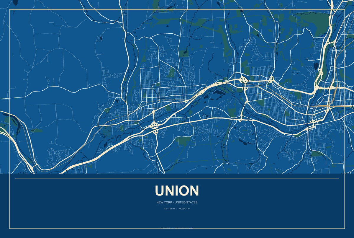 Union, New York City Map Aluminum Sign in Harbor Cobalt style