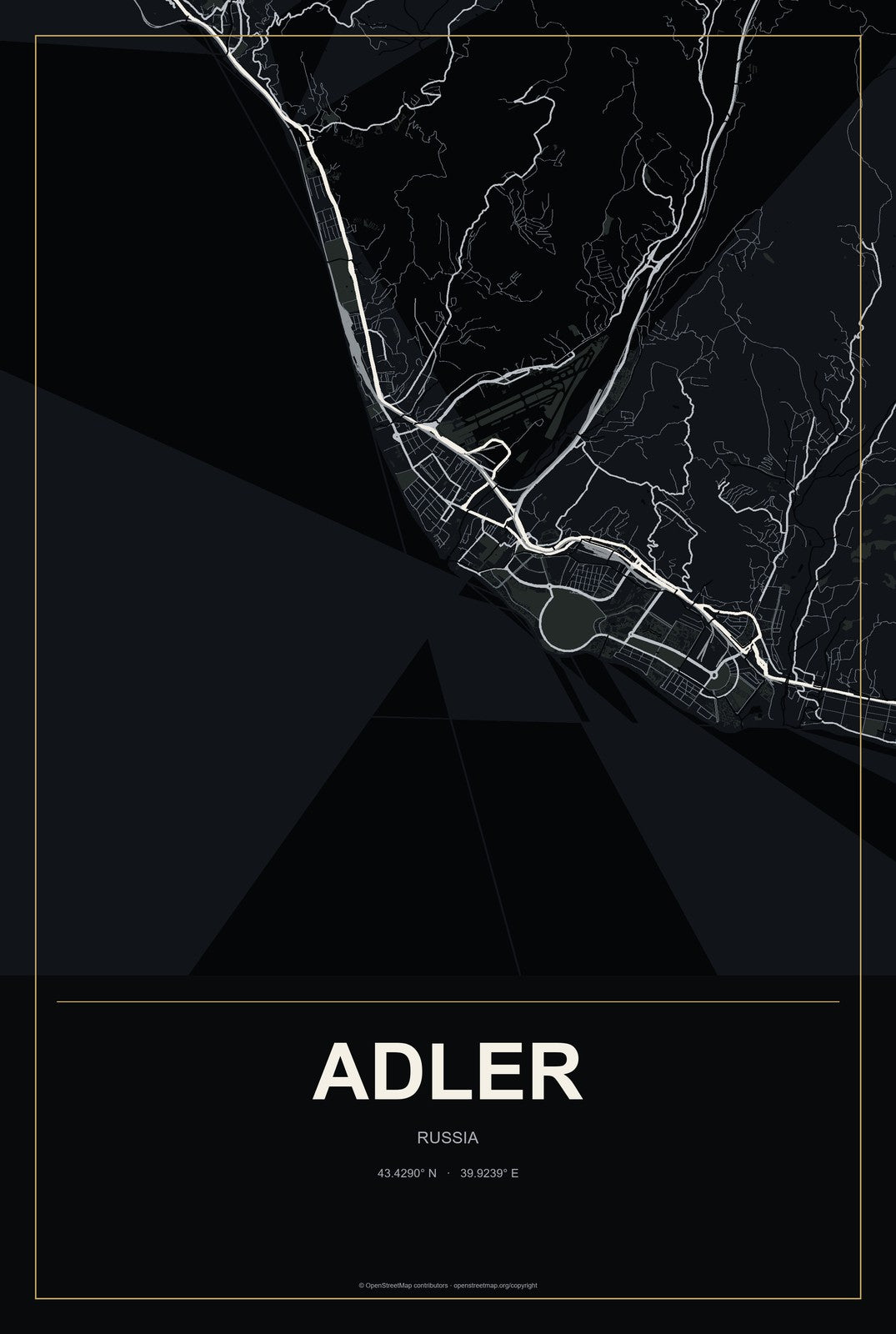 Adler, Russia City Map Aluminum Sign in Metropolitan Noir style