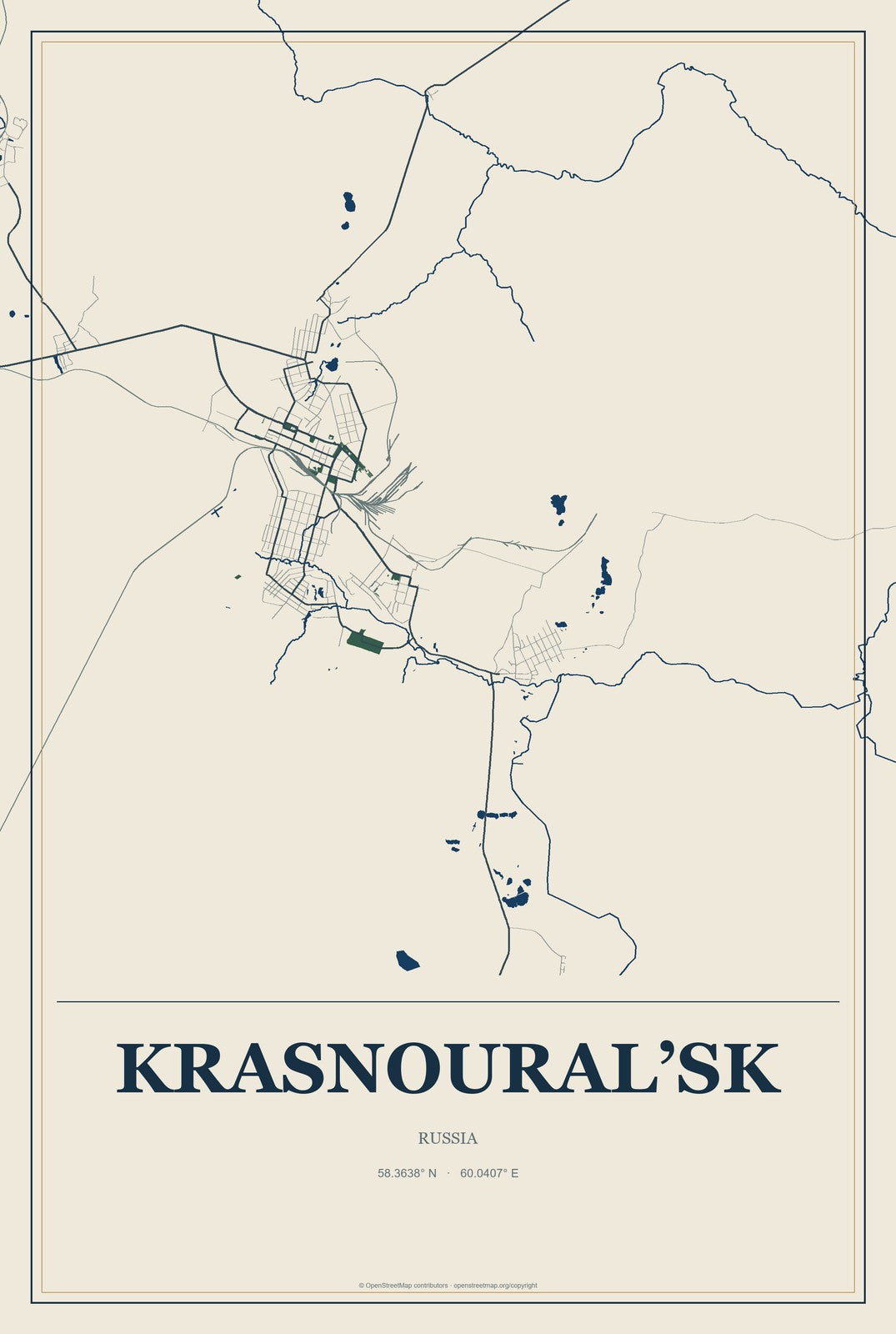 Krasnoural’sk, Russia City Map Aluminum Sign in Coastal Cutout style