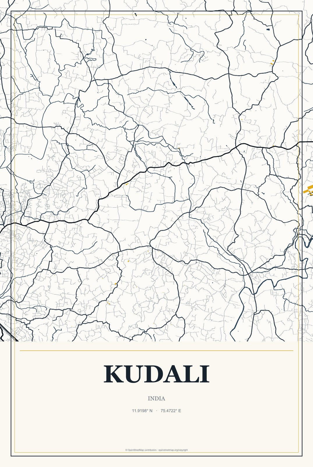 Kudali, India City Map Aluminum Sign in Citrine Modern style
