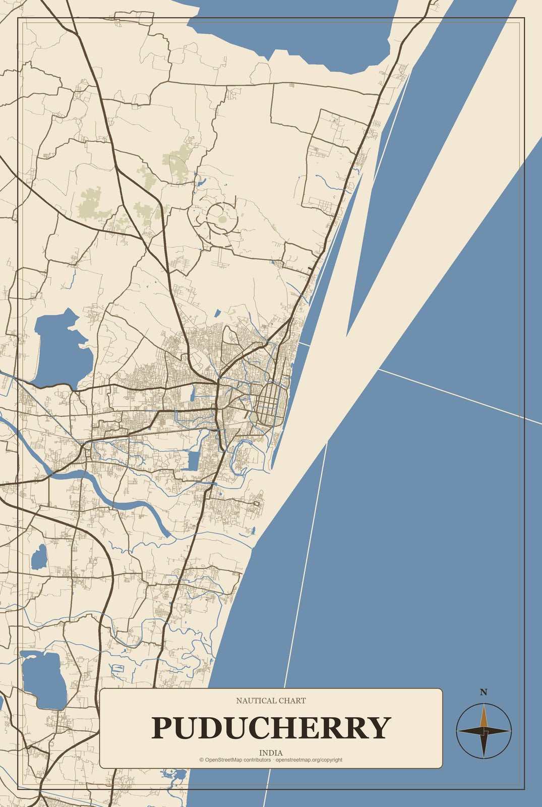 Puducherry, India City Map Aluminum Sign in Heritage Nautical style