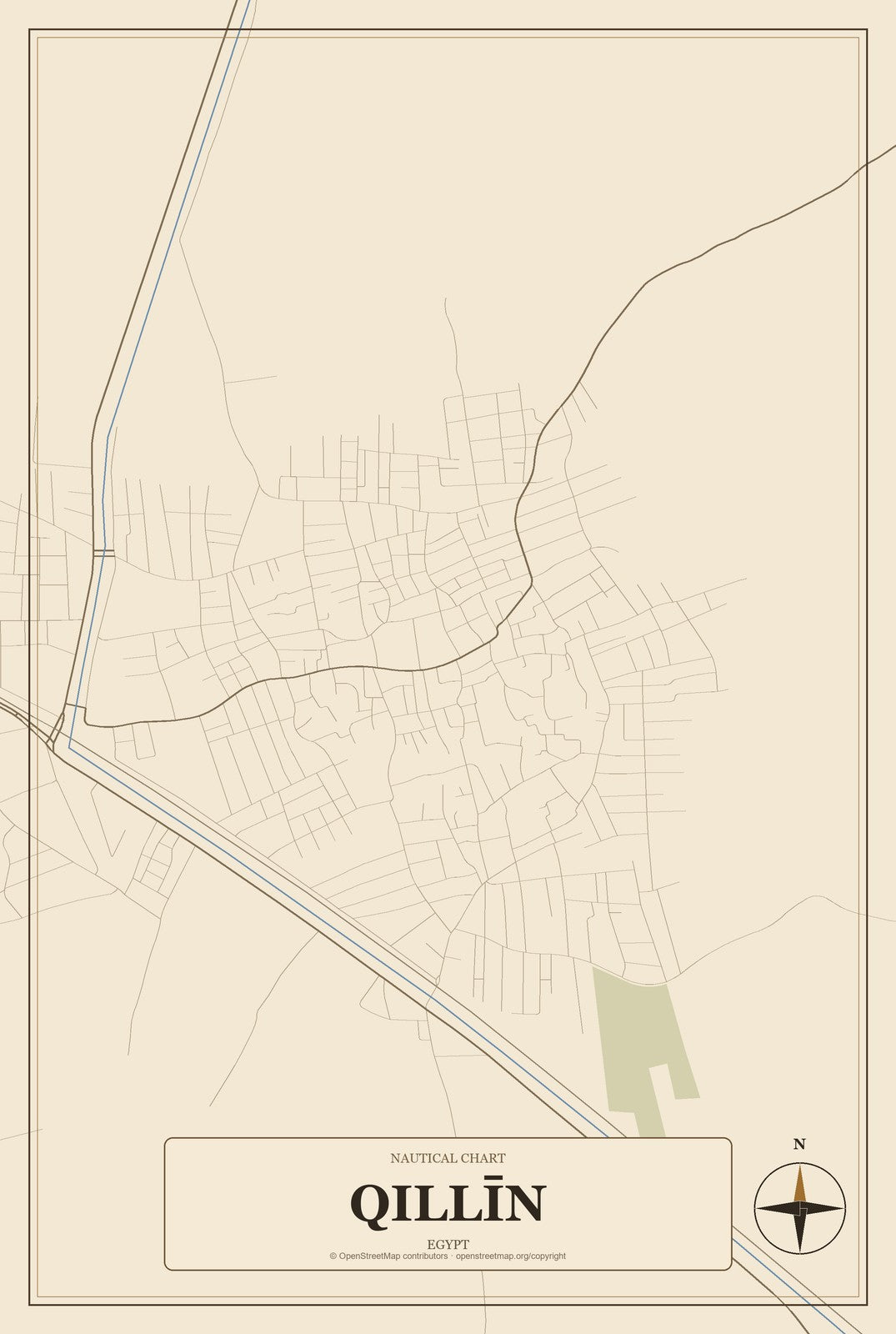 Qillīn, Egypt City Map Aluminum Sign in Heritage Nautical style
