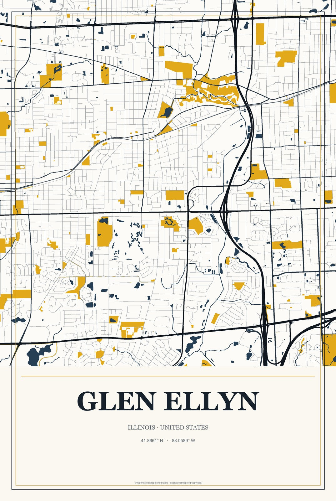 Glen Ellyn, Illinois City Map Aluminum Sign in Citrine Modern style