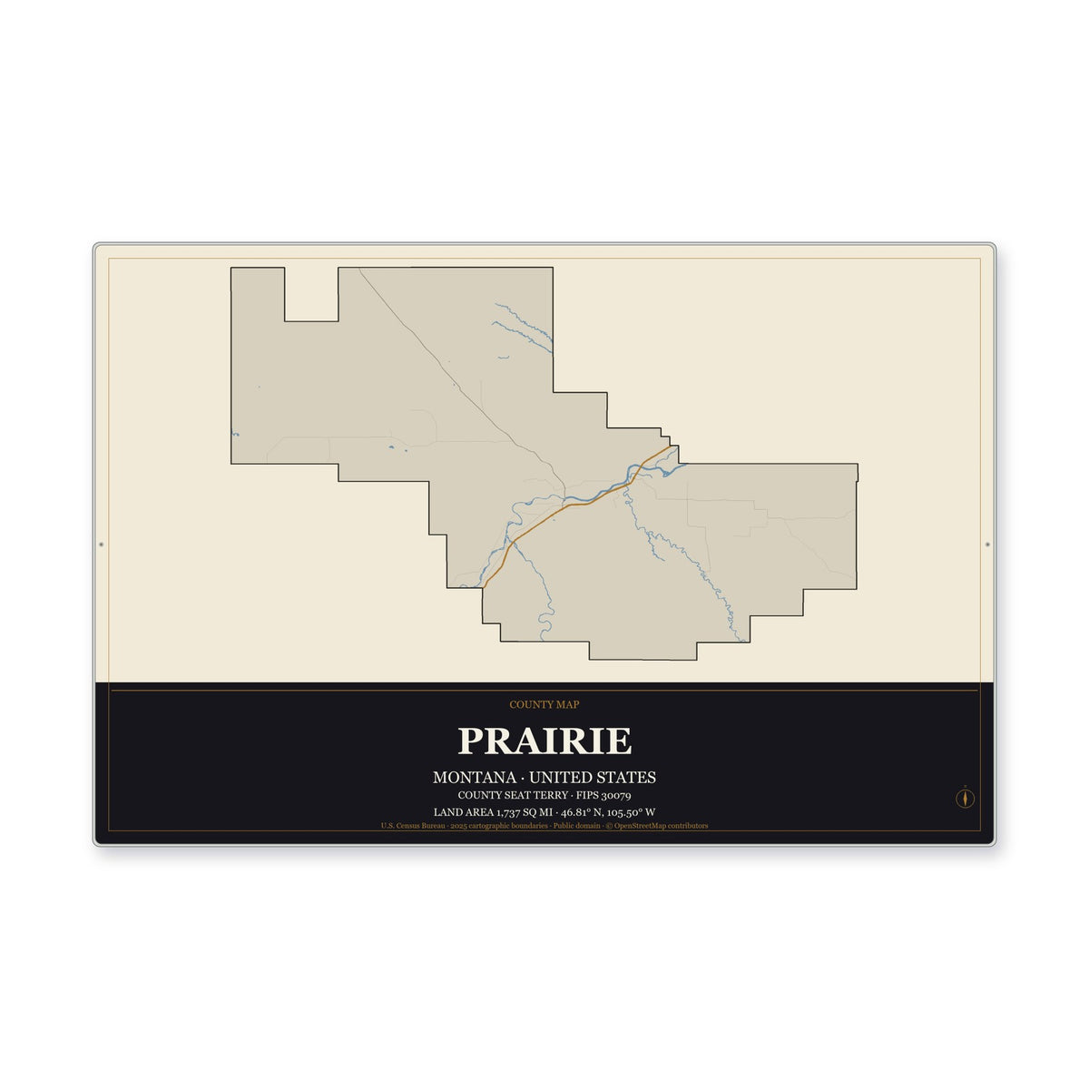 Prairie County, Montana Map Aluminum Sign in Museum Plaque style