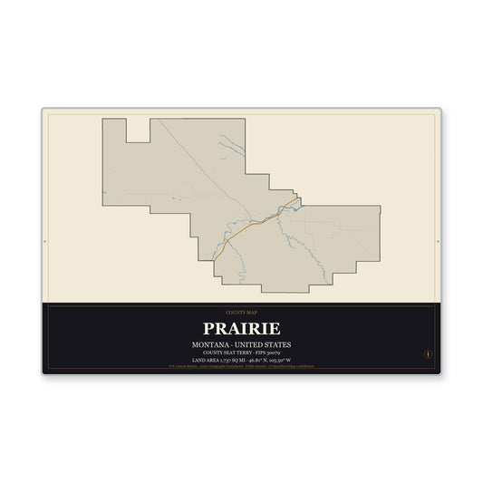Prairie County, Montana Map Aluminum Sign in Museum Plaque style