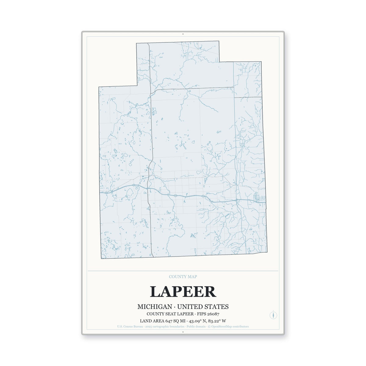 Lapeer County, Michigan Map Aluminum Sign in Gallery Air style