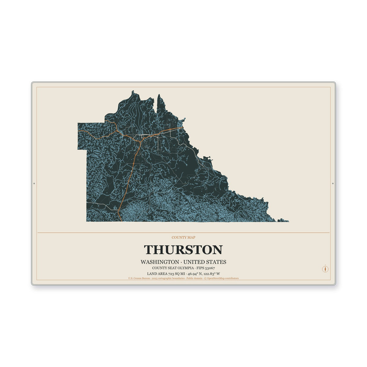 Thurston County, Washington Map Aluminum Sign in Headline Atlas style