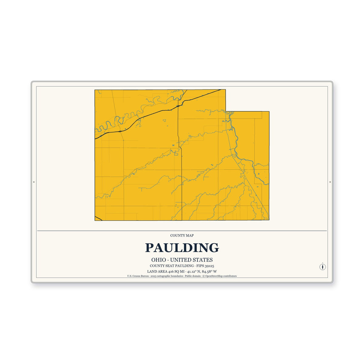 Paulding County, Ohio Map Aluminum Sign in Citrine Modern style