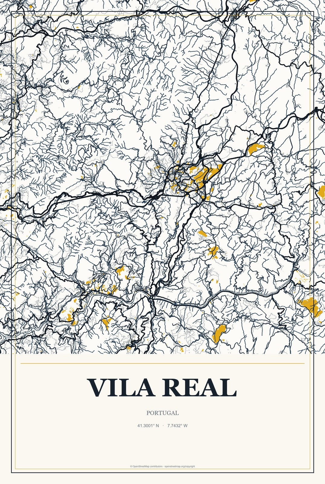 Vila Real, Portugal City Map Aluminum Sign in Citrine Modern style
