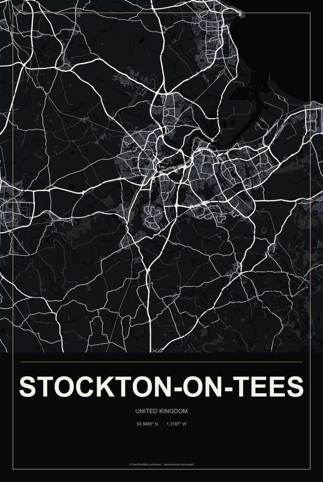 Stockton-on-Tees, United Kingdom City Map Aluminum Sign in Metropolitan Noir style