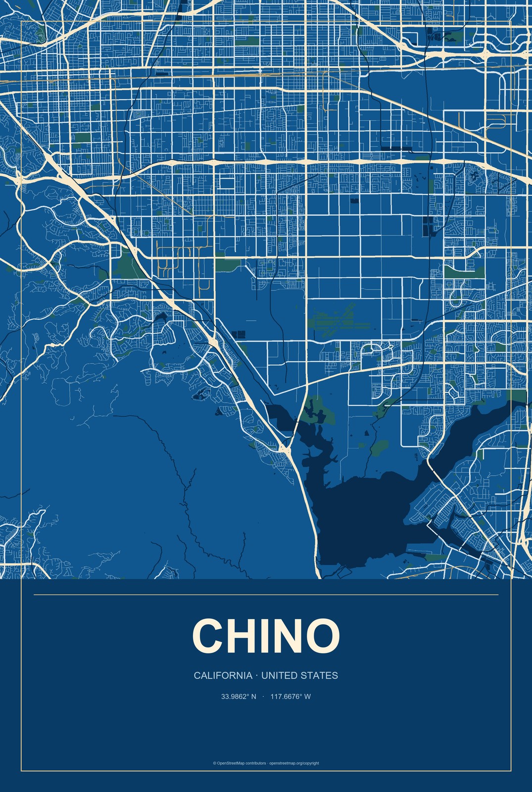Chino, California City Map Aluminum Sign in Harbor Cobalt style