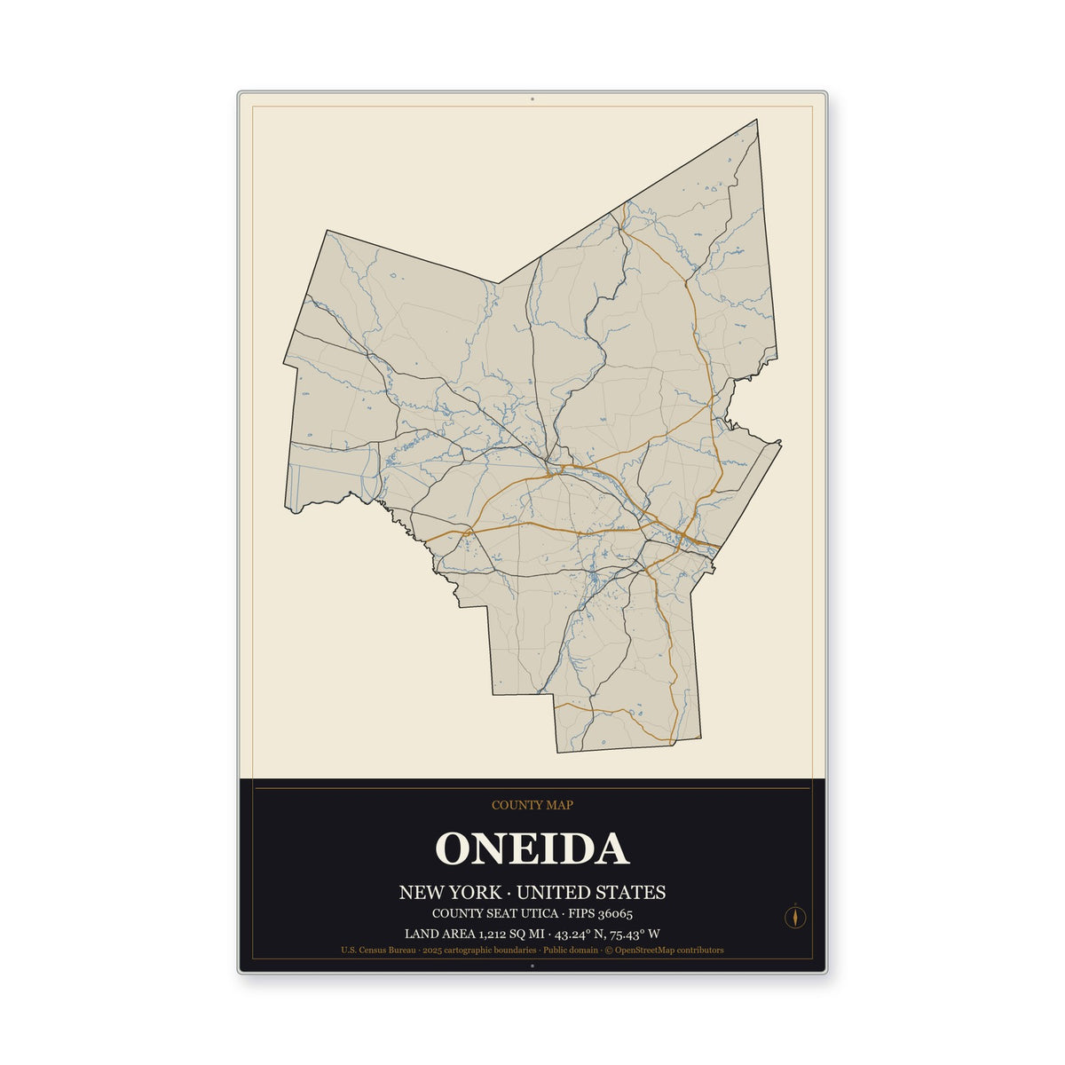 Oneida County, New York Map Aluminum Sign in Museum Plaque style