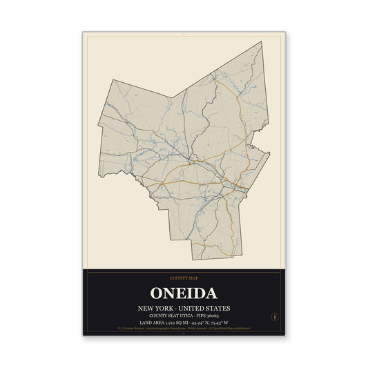 Oneida County, New York Map Aluminum Sign in Museum Plaque style