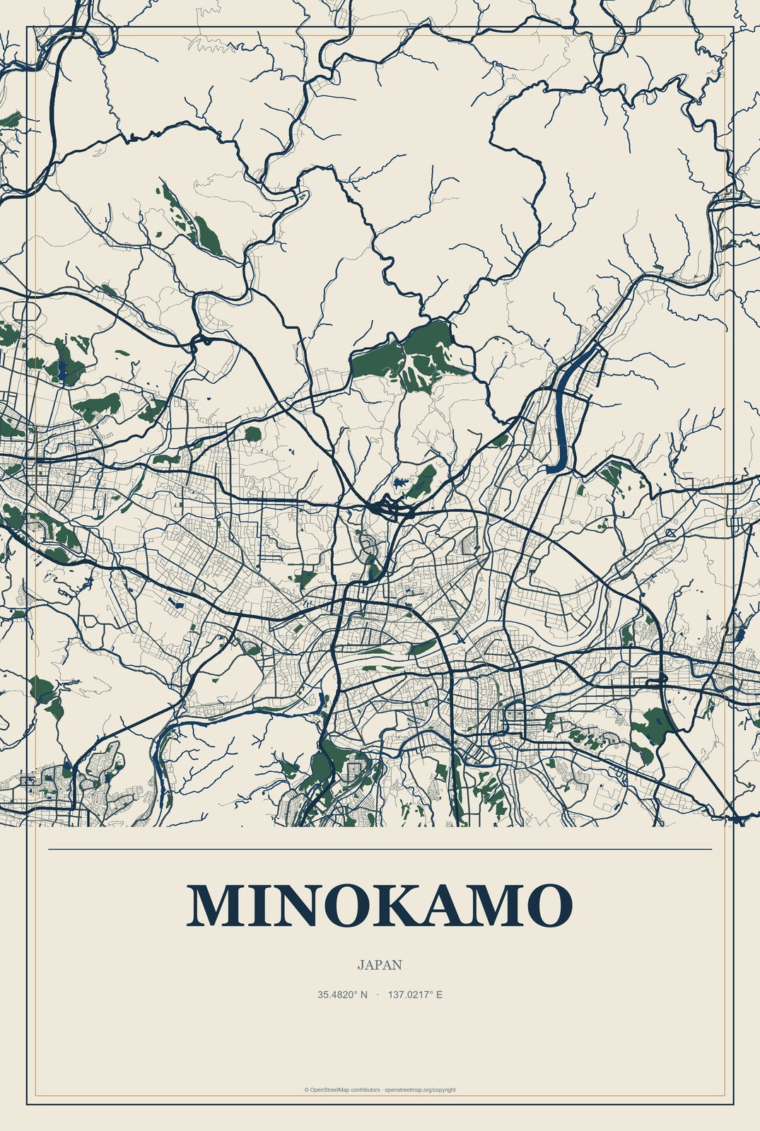 Minokamo, Japan City Map Aluminum Sign in Coastal Cutout style
