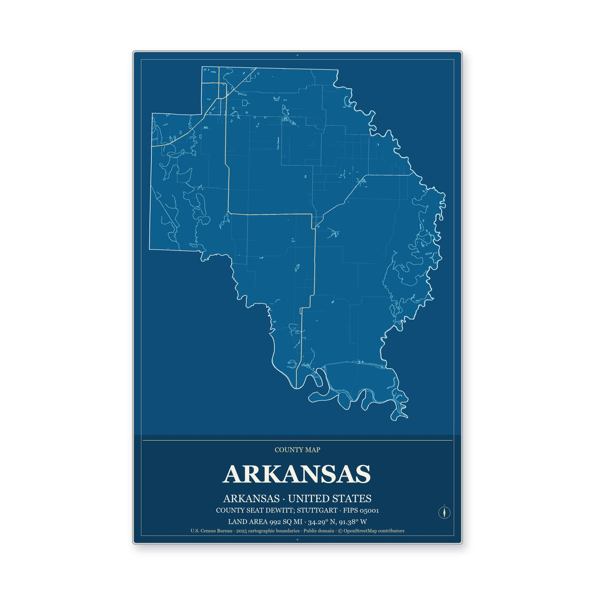 Arkansas County, Arkansas Map Aluminum Sign in Harbor Cobalt style
