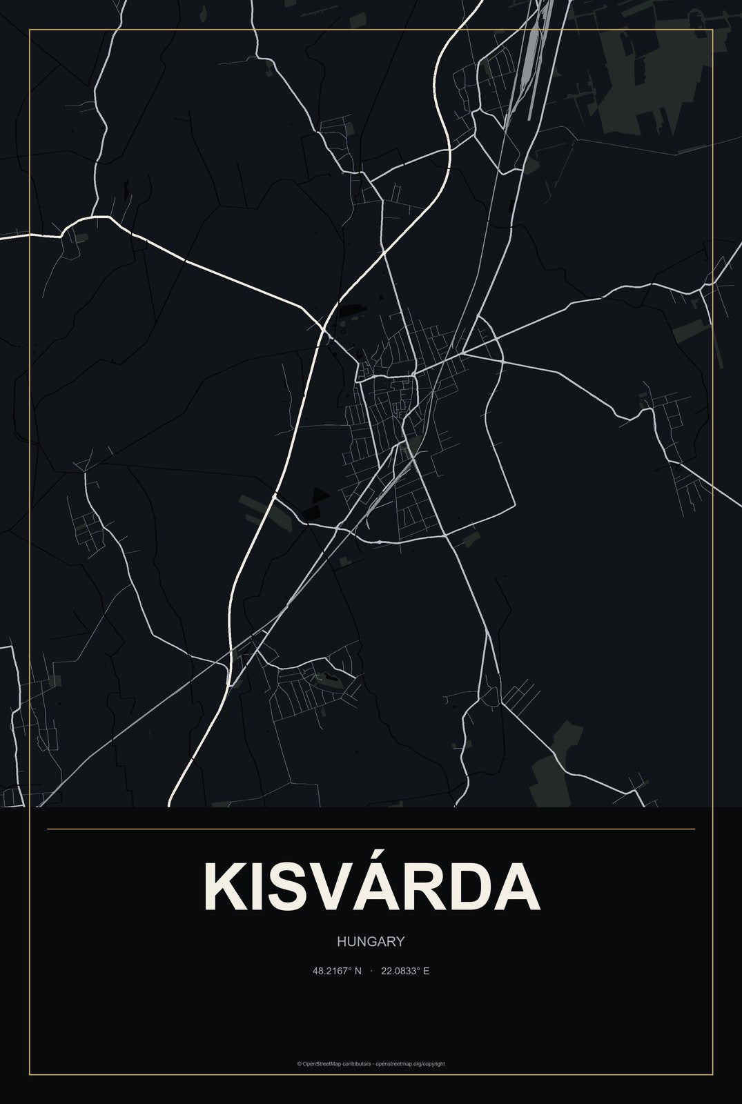 Kisvárda, Hungary City Map Aluminum Sign in Metropolitan Noir style