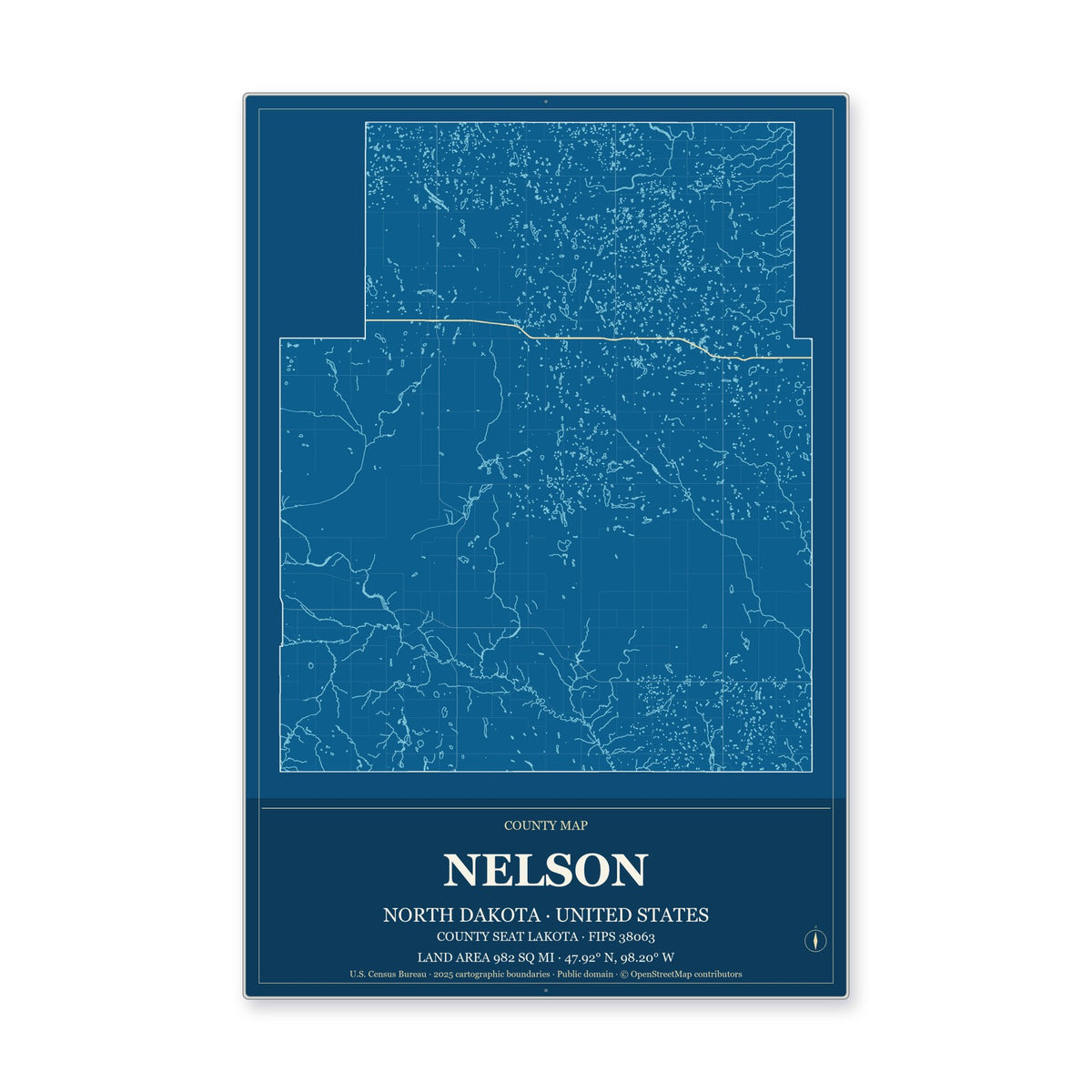 Nelson County, North Dakota Map Aluminum Sign in Harbor Cobalt style