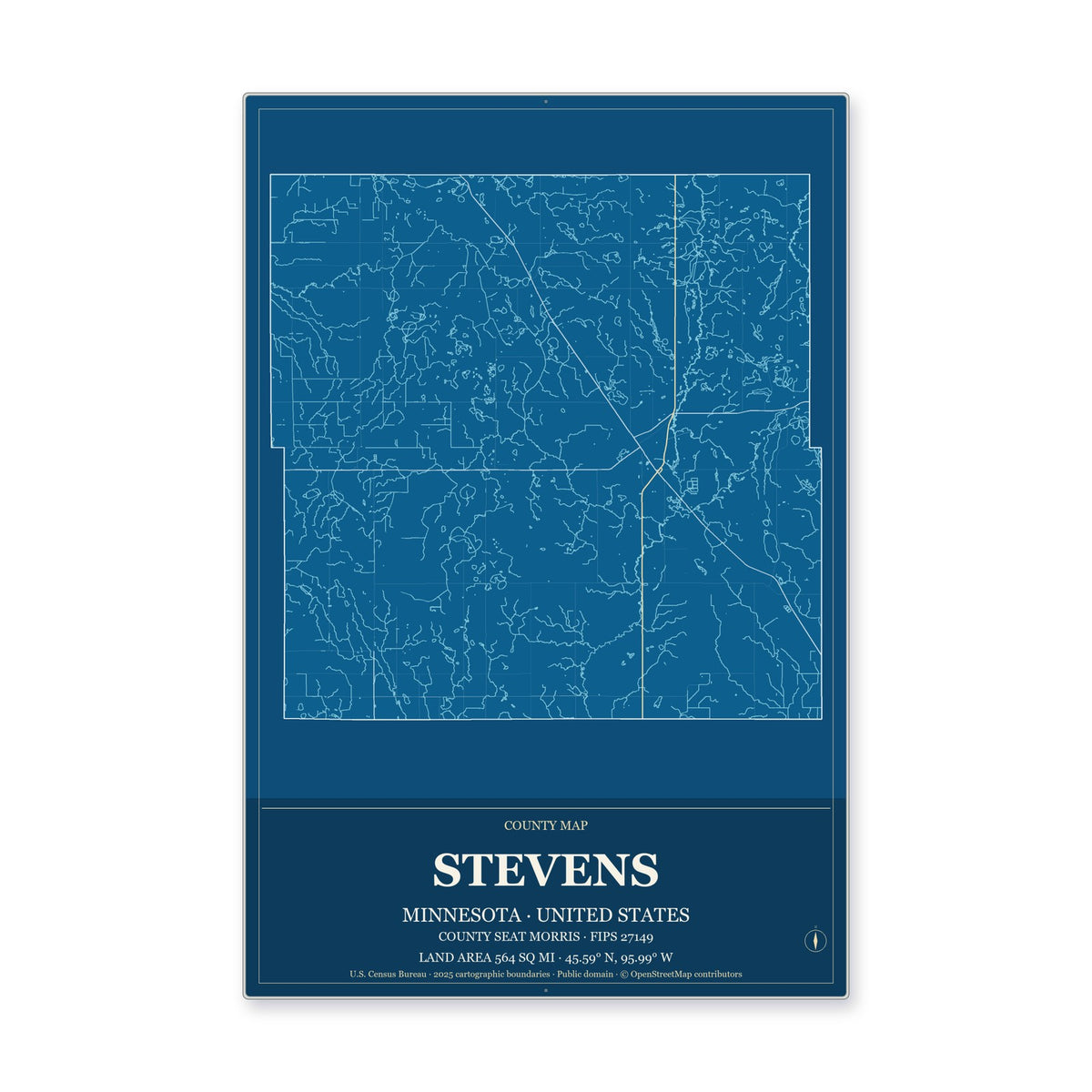 Stevens County, Minnesota Map Aluminum Sign in Harbor Cobalt style