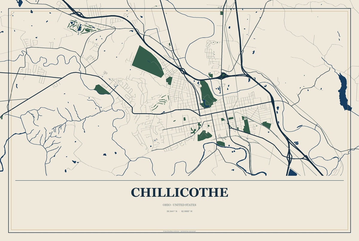 Chillicothe, Ohio City Map Aluminum Sign in Coastal Cutout style