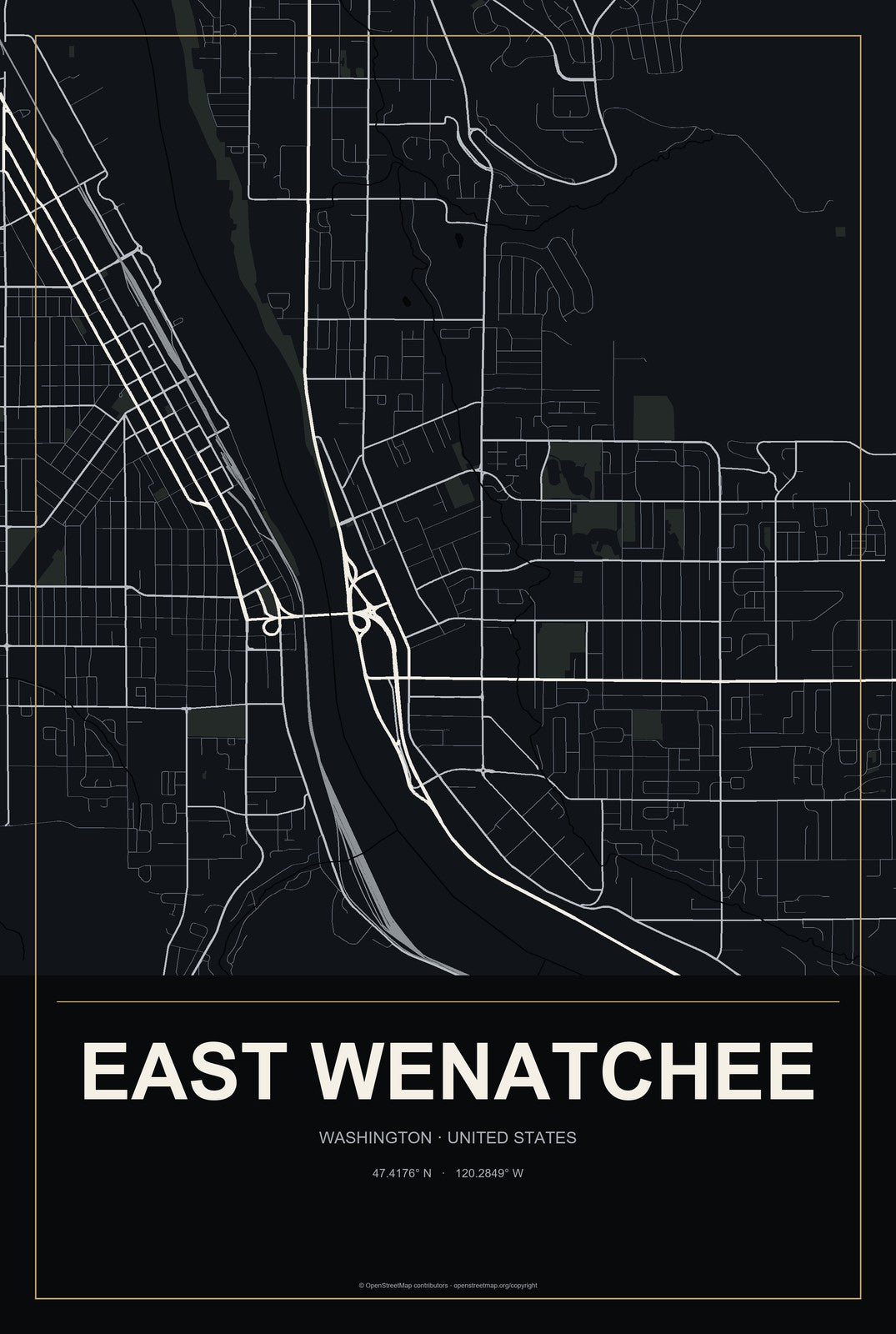 East Wenatchee, Washington City Map Aluminum Sign in Metropolitan Noir style