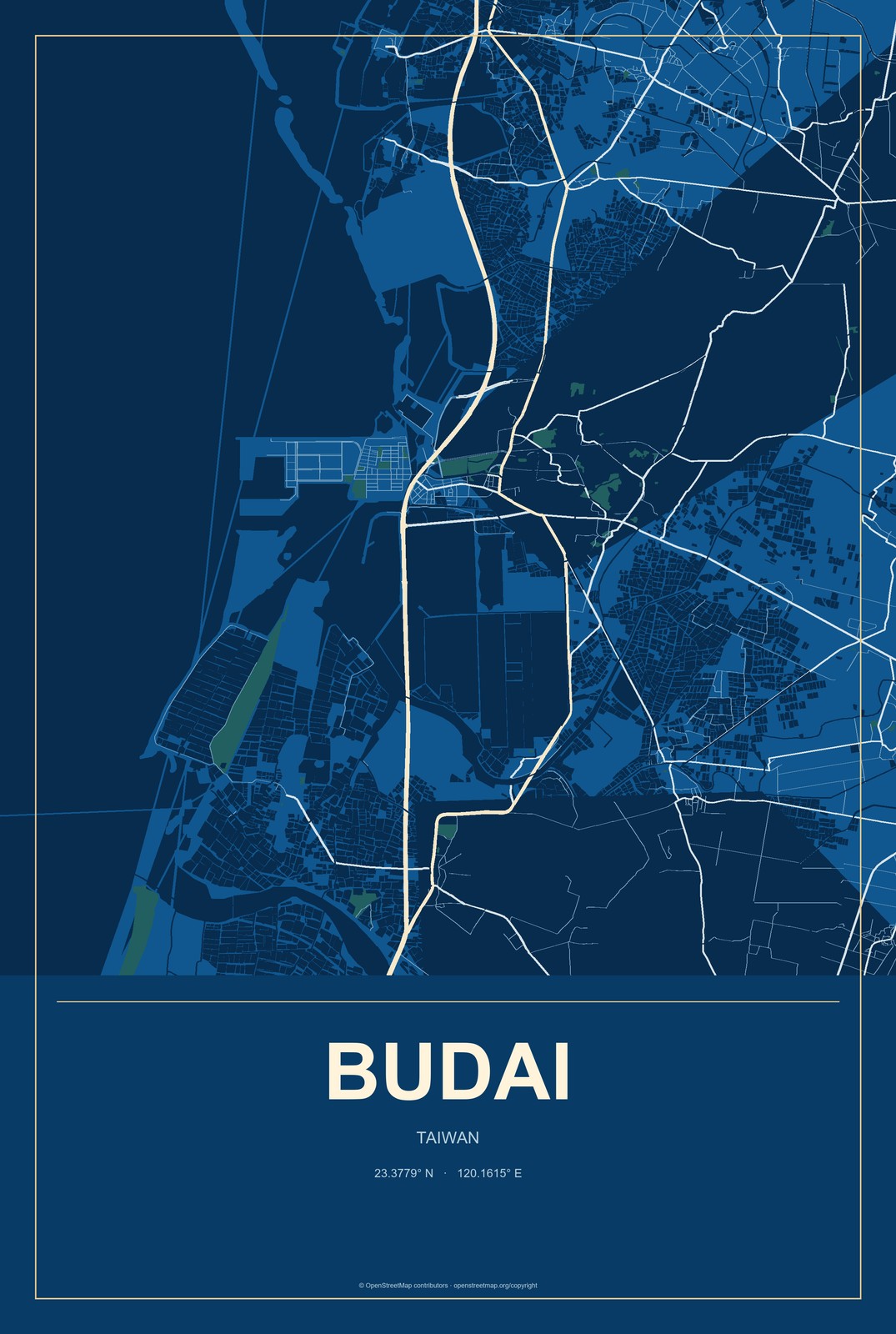 Budai, Taiwan City Map Aluminum Sign in Harbor Cobalt style