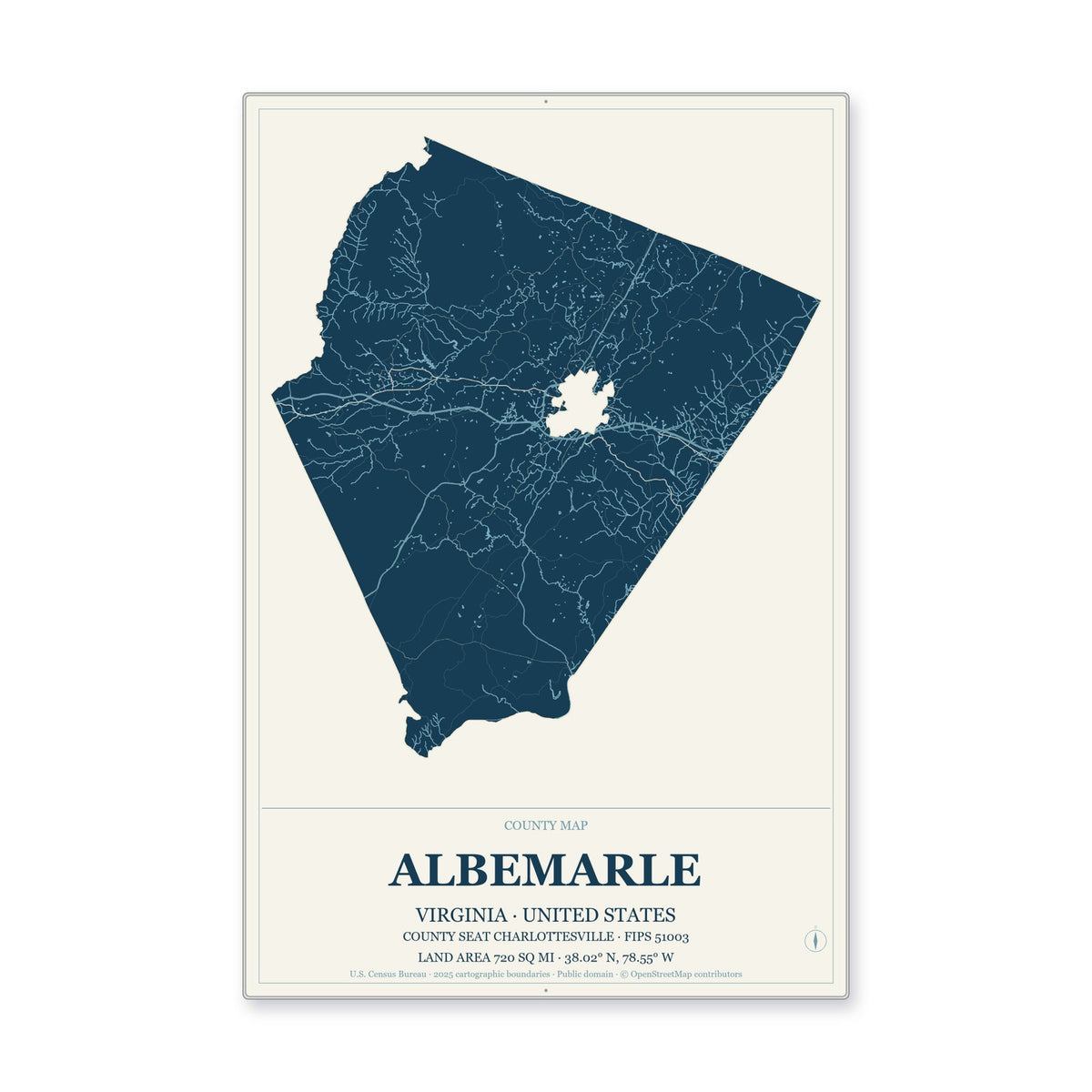 Albemarle County, Virginia Map Aluminum Sign in Coastal Cutout style