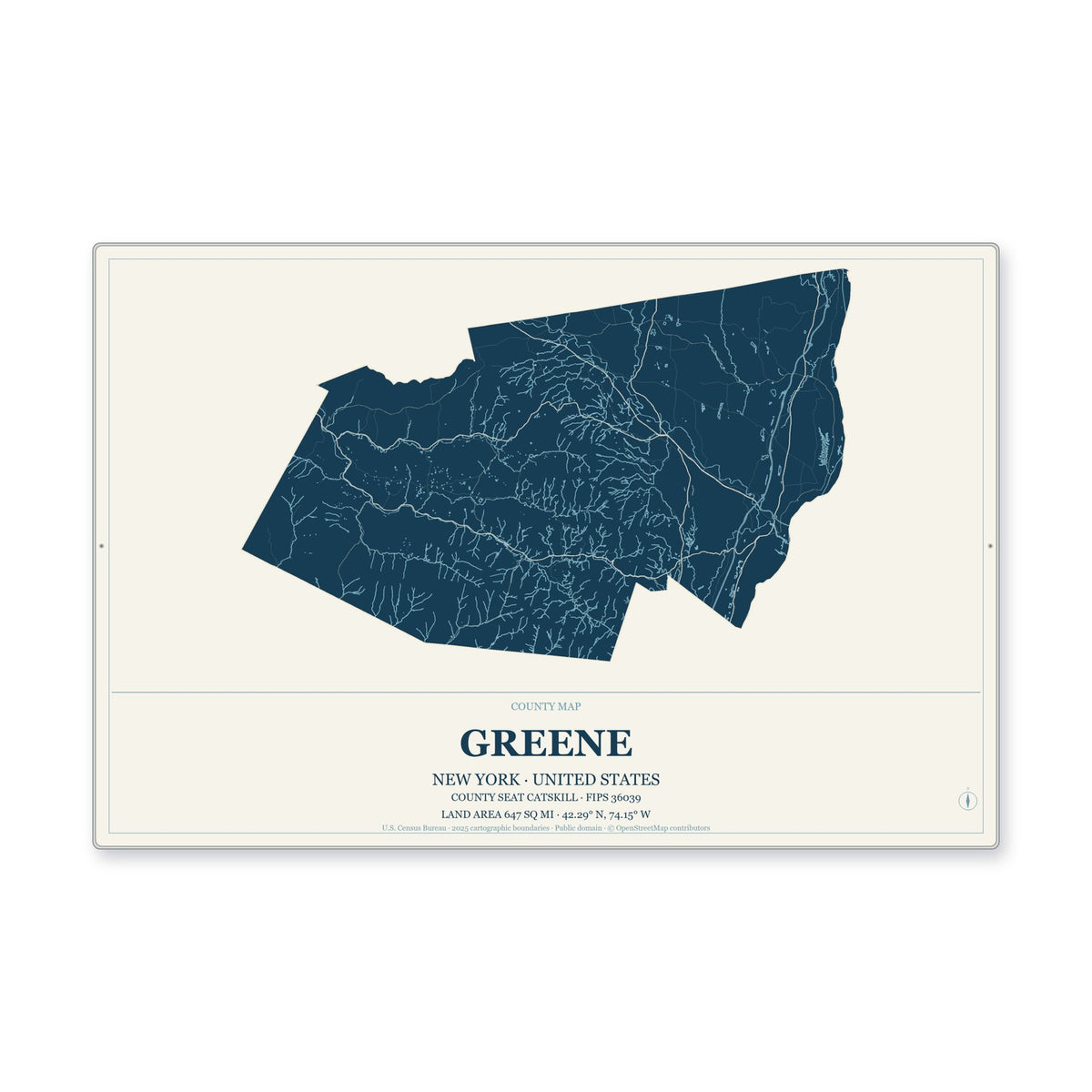 Greene County, New York Map Aluminum Sign in Coastal Cutout style