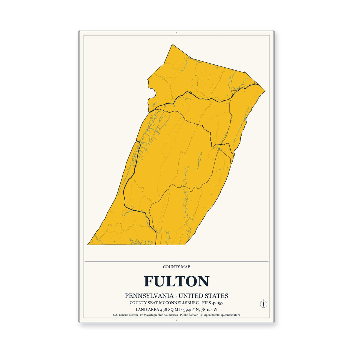Fulton County, Pennsylvania Map Aluminum Sign in Citrine Modern style