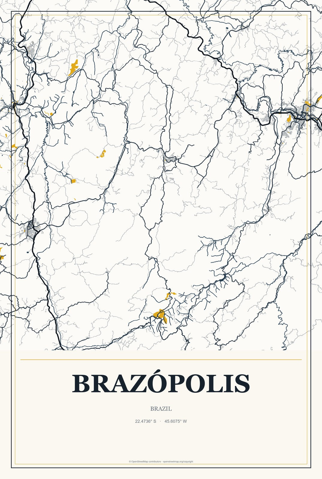 Brazópolis, Brazil City Map Aluminum Sign in Citrine Modern style