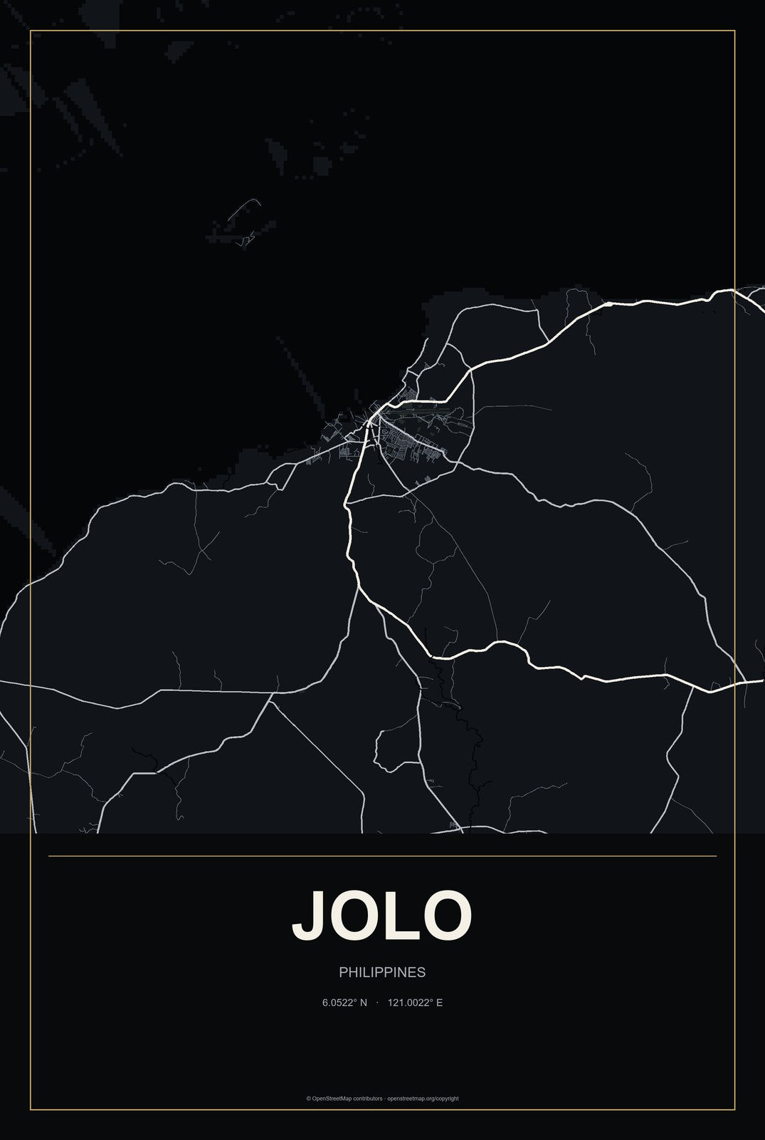 Jolo, Philippines City Map Aluminum Sign in Metropolitan Noir style