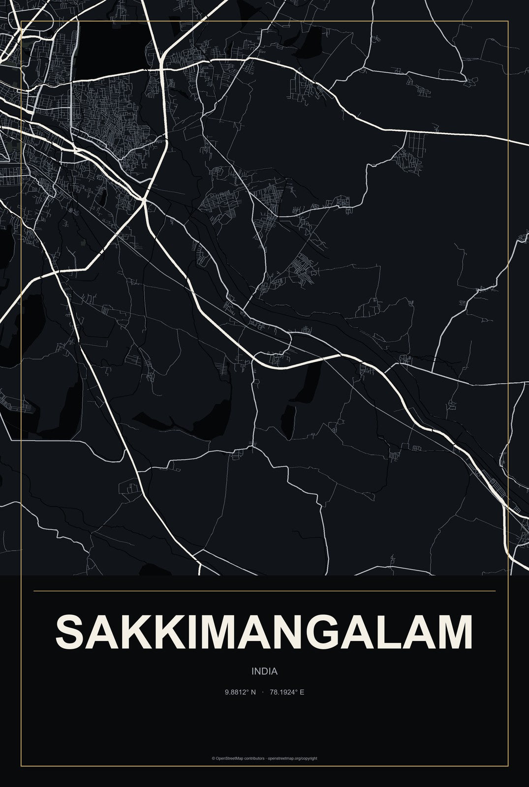 Sakkimangalam, India City Map Aluminum Sign in Metropolitan Noir style
