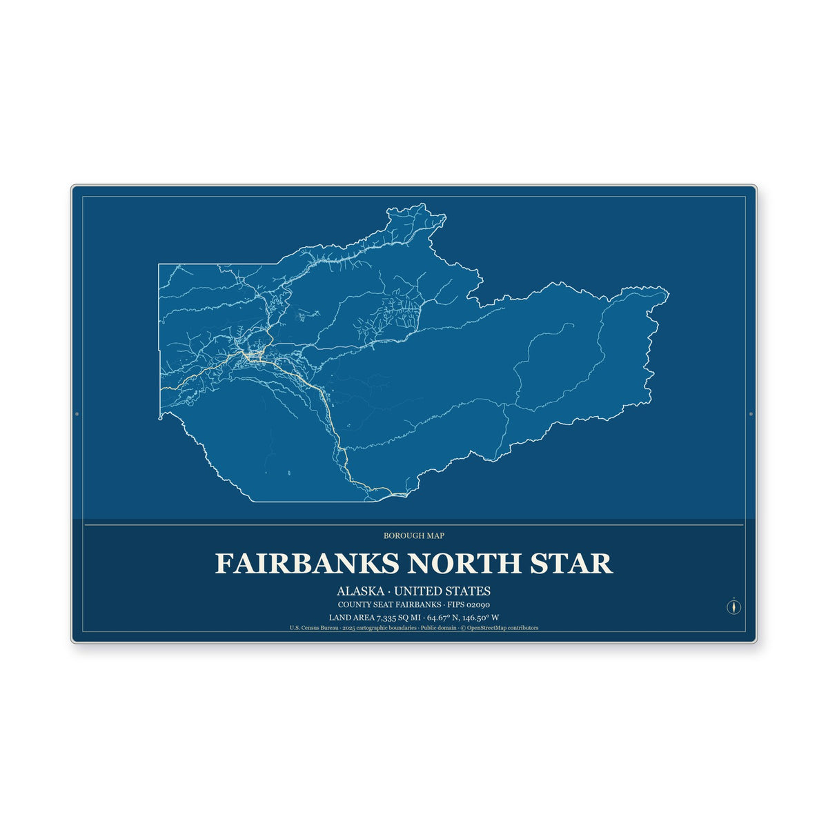 Fairbanks North Star Borough, Alaska Map Aluminum Sign in Harbor Cobalt style