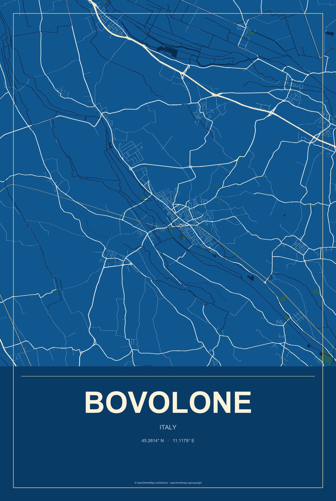Bovolone, Italy City Map Aluminum Sign in Harbor Cobalt style
