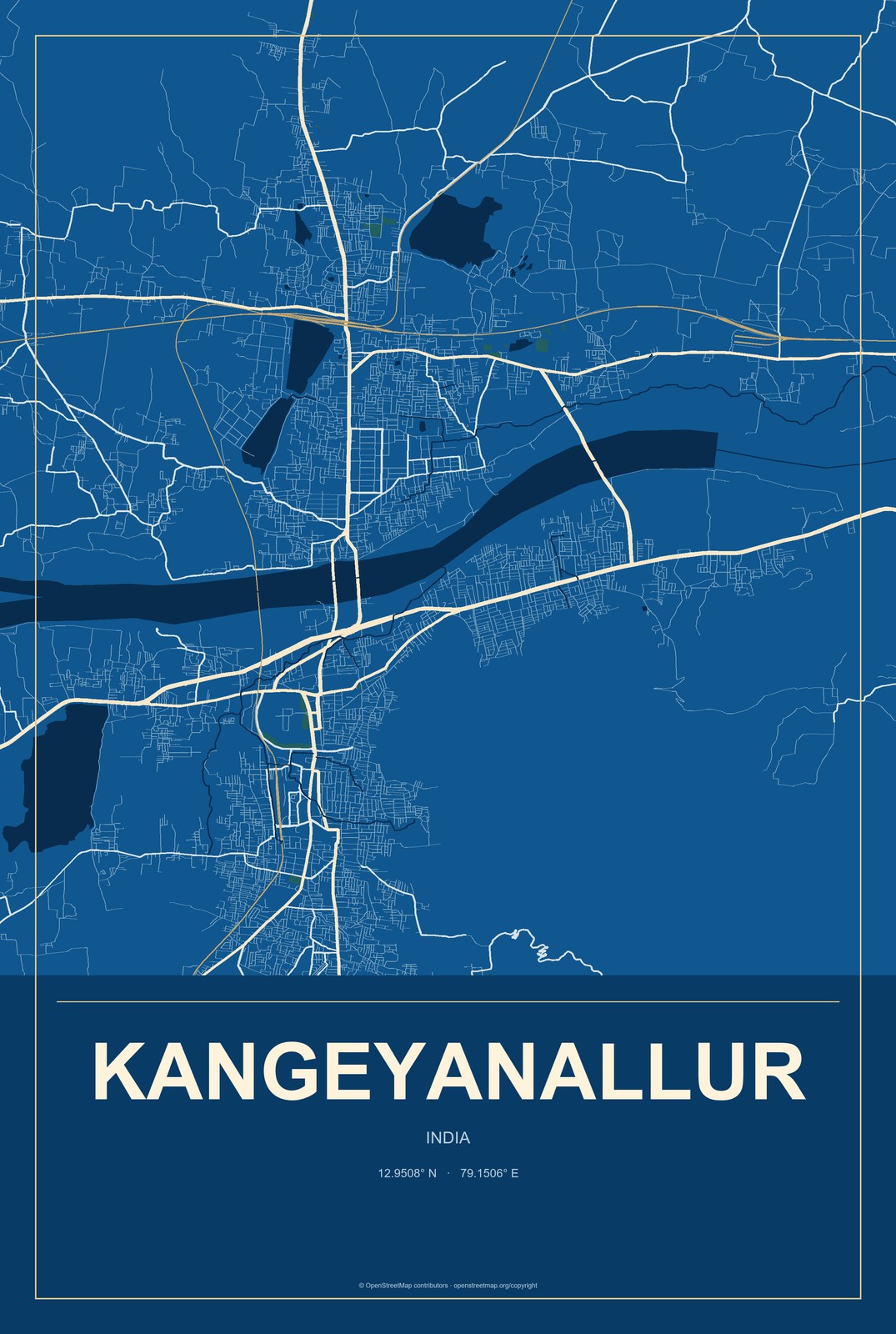 Kangeyanallur, India City Map Aluminum Sign in Harbor Cobalt style