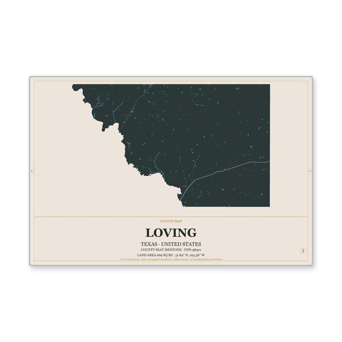 Loving County, Texas Map Aluminum Sign in Headline Atlas style